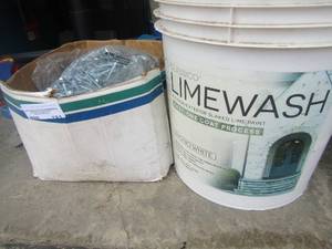 lot 181 image: BUCKET OF LIMEWASH,  BOX OF LONG SCREWS 14 X 2 STEELHEAD