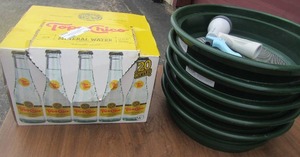 lot 184 image: GREEN MIXING TUBS  BOX OF EMPTY TOP CHICO BOTTLES FOR DECORCRAFTS