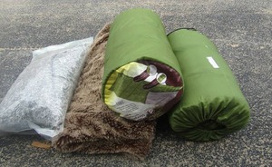 lot 183 image: TIMBER CREEK SLEEPING BAGS X 2 DECORATIVE PILLOW,  FUZZY BROWN THROW