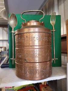 lot 3 image: Vintage Copper tiffin Stack lunch pail with brass utensils