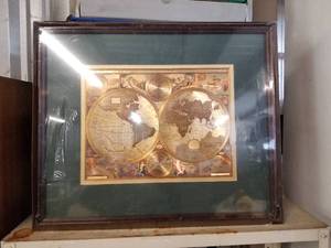 lot 99 image: Vintage gold foiled old world map - framed
