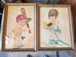 lot 139 image: Vintage water color painting of a boy and a girl - E. Blakley