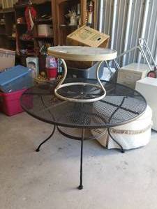 lot 163 image: Outdoor tables - wrought iron and glass top