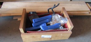 lot 20 image: Box lot- Screws, nuts, bolts, pegboard pegs and assorted wood slats
