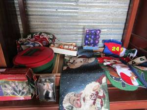 lot 12 image: Christmas lot-2 green & red covered bowls, table runner, lights, Elvis ornament, purple ornaments, beer shaped lights, stockings