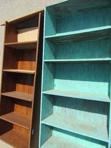 lot 14 image: 2 book shelves one needs repair. Green-72x30x12 Brown-72x26x12