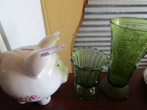 lot 18 image: Piggy bank and 2 green glass vases