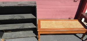 lot 50 image: Black 3 tier shelf 36x33  plus wood and wicker benchtable 15x17x48
