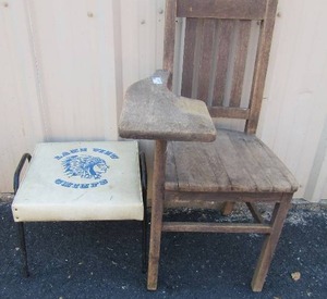 lot 56 image: Chair with desk 36 tall 20w  plus small metal stool