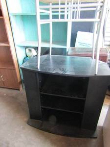 lot 60 image: 2 wood and metal tables 21x22x18 , black 3 tier shelf TV stand with shelves on side28x31x18