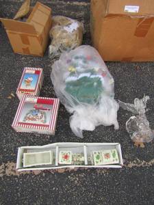 lot 76 image: Christmas lot- Yarn tree, porcelain train, glass angel tea light candle holder ornaments, gold bows and more