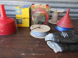 lot 95 image: Hermes coated abrasive belts RB316X-op qty 10 3x21   EBo2 x 2 boxes rolls of wire, funnels, and work glasses