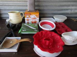 lot 102 image: Large pitcher, copper chef egg maker, plastic utencils, measuring spoons, jello molds, WCL gravy boat