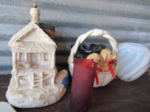 lot 108 image: 11 glass vase, white ceramic puppy handled basket, and project clay house