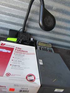 lot 111 image: Box of file folders, desk top lamp caddy cannon office calculator cash box with keys