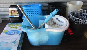 lot 115 image: Hurricane spin mop dolly with bucket assorted storage baskets, mini trash can large white kitchen trash