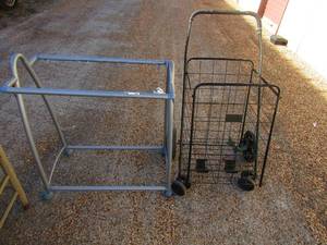 lot 122 image: Black rolling basket and rolling gray quilt rack