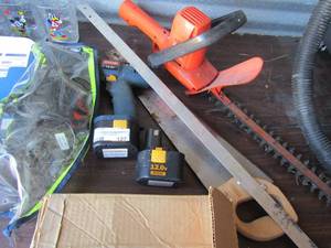 lot 127 image: B&D hedge trimmer electric, Ryobi 12 volt drill with battery hand saw measure stick air matress pump
