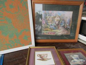 lot 136 image: CORKBOARD for notes,  2 tea cup and saucer , art 11x11 and 9x11 and Carol Valentine house portrait 20x23