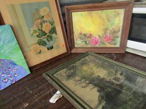 lot 138 image: Art angels around tree 19x15, rose 17x14 Peacock 12x12 and vase 18x15
