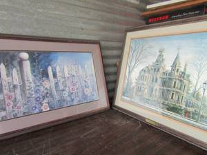 lot 140 image: ART   Spook house by Randy Souders 26x22     28x9 fence floral art,