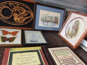 lot 142 image: Art- Dragon wood 18x13, boat dock Mystic Seaport 18x14 Knitted butterfly 11x9, Sea boat 10x9 Oval shadow box 13x11 canvas ABC art 14x12