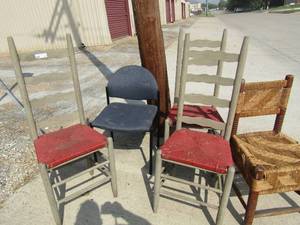 lot 147 image: 3 wooden high back chairs red wicker seat 1 brown wicker childs seat blue metal frame office chair