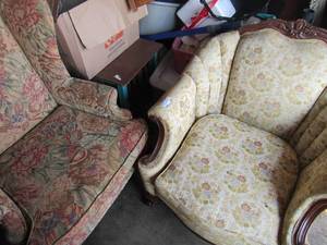 lot 154 image: Vintage wood trim yellow chair 36x33x28 and high back green floral chair 43x29x31