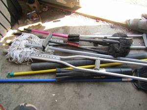 lot 148 image: Lot of mops, broom, crutches, duster plus