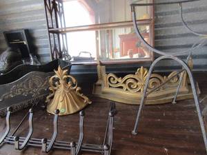 lot 151 image: 2 tier wall shelf with glass background, metal double handle bucket and other assorted shelves