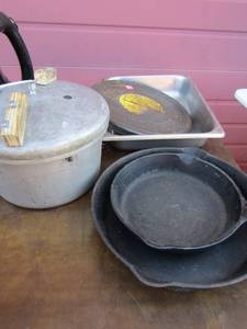 lot 170 image: Magic seal roaster with lid, Steam table pan, 2 cast iron skillets 8 and 10