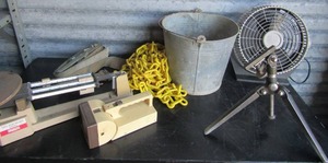 lot 207 image: Breeze machine wave fan, bucket, yellow plastic chain, Scale, strap, old flashlight