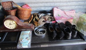 lot 232 image: Lot- size 6 dress shoes for women, purses and belts, glass block light and mantel clock