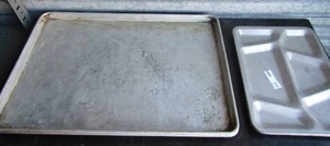 lot 233 image: Metal serving trays and Large 26x18 flat metal bread tray