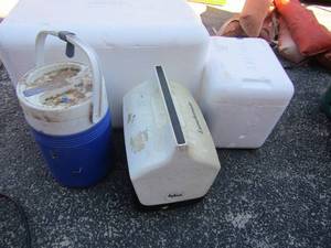 lot 272 image: small and large white Styrofoam ice chest blue drink igloo and small black igloo