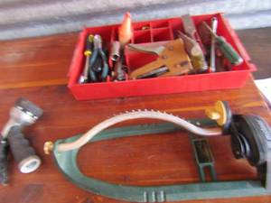 lot 277 image: Flat red tool caddy full of sockets screw  drivers plyers wrenches 2 yard sprayers
