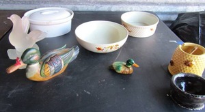 lot 278 image: 2 wooden ducks, 1 clay dcor, 1 covered pot, 1 black clay bowl 2 Halls superior bowls, fall dcor painting by Barry duerbor