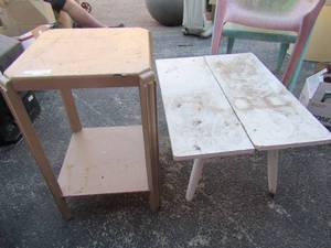 lot 296 image: Cream color side table 25x15x15 and white wooden outside table 15x26x20