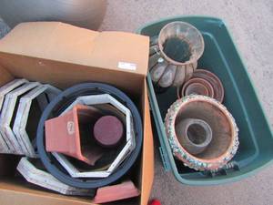 lot 297 image: Box and tub full of planters glass, pottery, wood and plastic