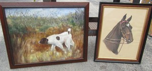 lot 311 image: 32x26 Hand painted art  of DogGulsa Frahetry 26x20 horse painting signed MKM 1970