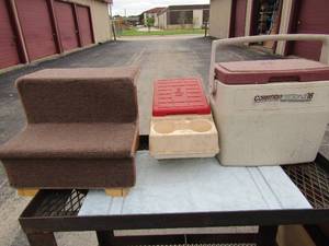 lot 316 image: Coleman ice chest, igloo center console for pickup cup holder plus storage 2 step carpeted step stool