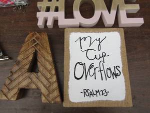 lot 329 image: 5x7 canvas Psalm 23, 2 letter As, HOME wall art, 12x12 Art Hello Gorgeous and a bag of red neck key chains