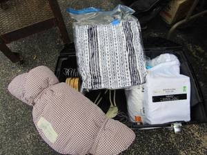 lot 331 image: Lot- queen size white sheets and bedspread by Mainstay used plus new blue pillow brown hangers and kids sleeping bag