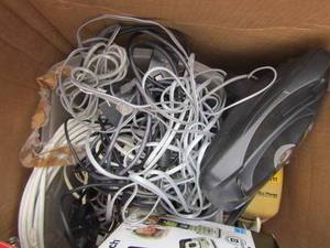 lot 332 image: 2 bell home phones a box full of cable and computer cords