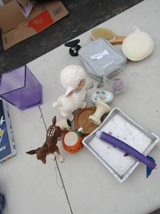 lot 335 image: Pumpkin tea light, candle holder,  coaster , Bambi, lamb and purple vase