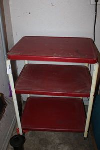 lot 17 image: Red Metal Rolling Microwave Cart CART ONLY