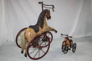 lot 5 image: Antique Wooden Tricycles Horses, Large and Small