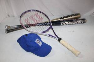 lot 38 image: Sports Lot Aluminum Bats, Wilson Tennis Racquet and Blue Devils Ball Cap