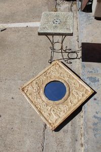 lot 19 image: Circle Wall Mirror with Diamond shaped metal Frame and Small Plant Stand