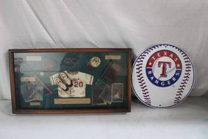 lot 46 image: Baseball Lot Decorative Wall Shadow Box and Metal Texas Rangers Sign